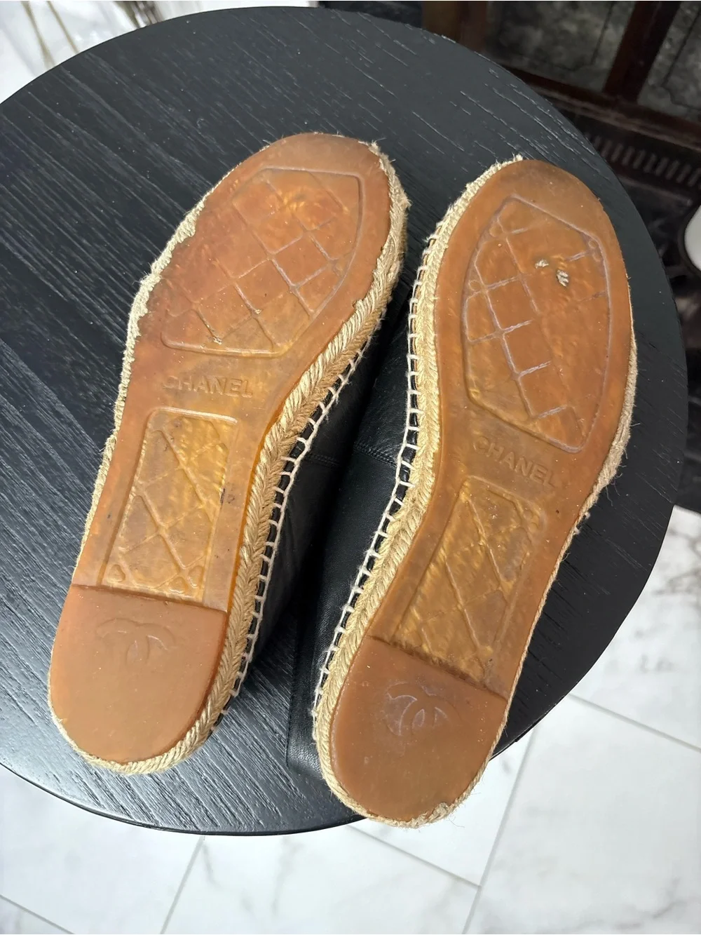 CHANEL Black Leather Espadrilles with CC Logo